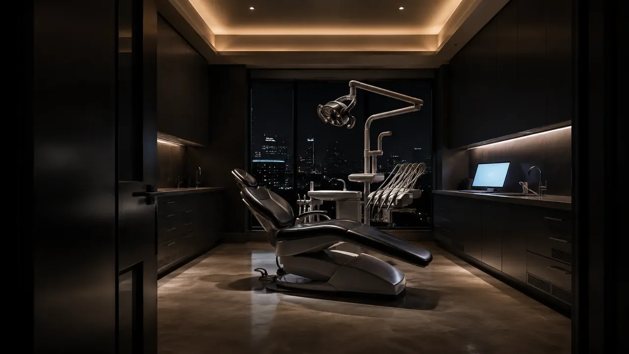 Cinematic after-hours dental office interior