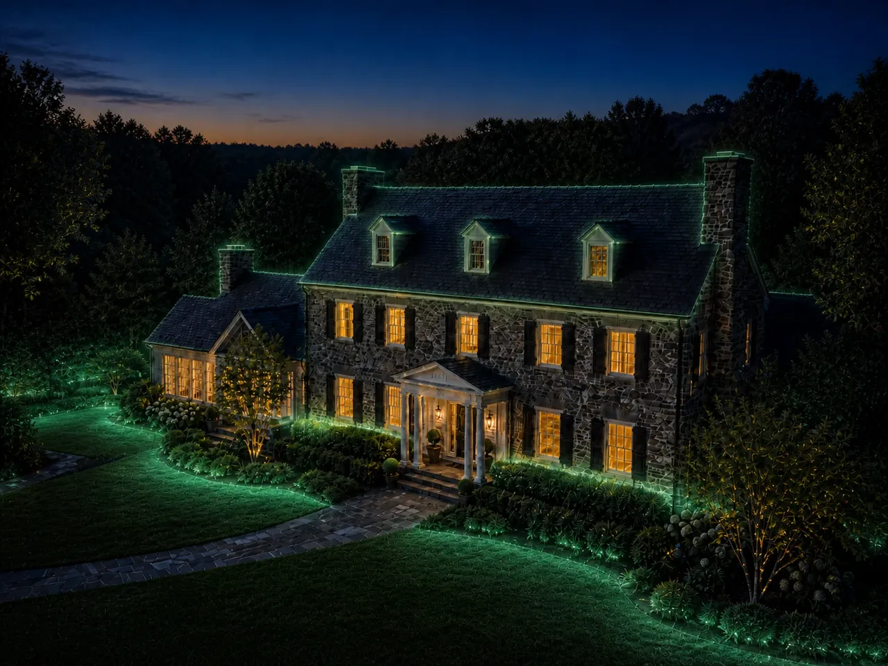 Cinematic home-at-dusk hero with perimeter lighting